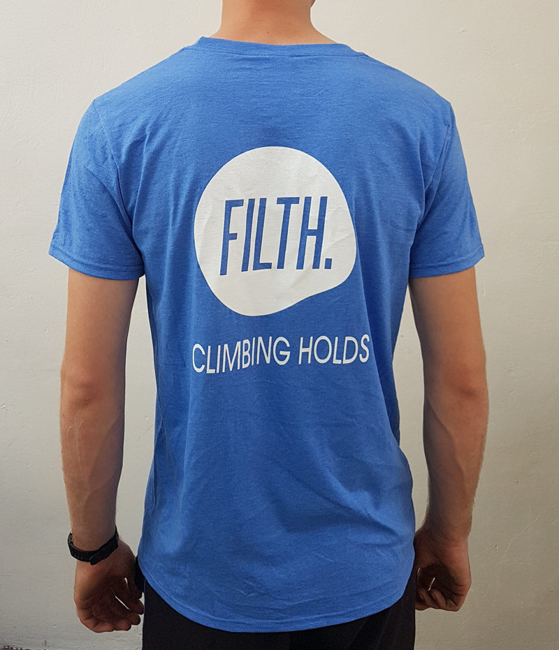 The back of a blue FILTH T-shirt Blue -